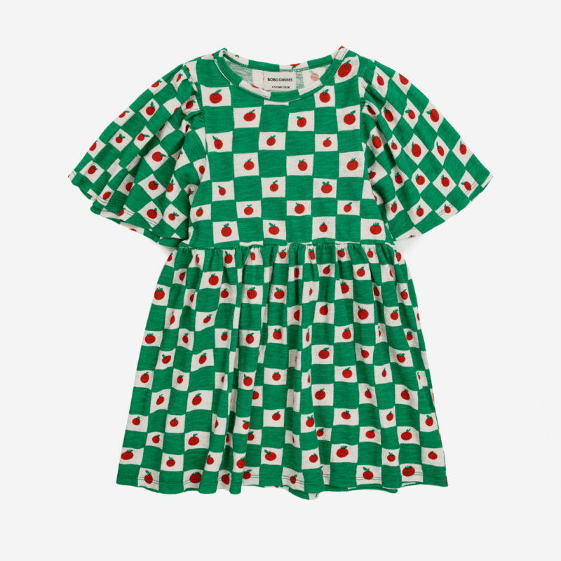 Bobo choses kjole med flæseærmer i økologisk bomuld med grønt print med tomater